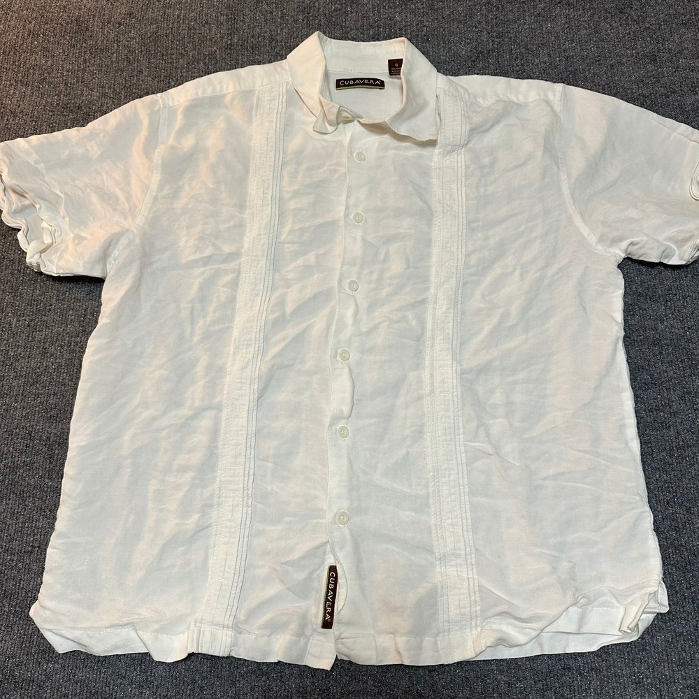 Cubavera Mens Large White Guayabera Shirt Short Sleeve Ramie Rayon Pleated L